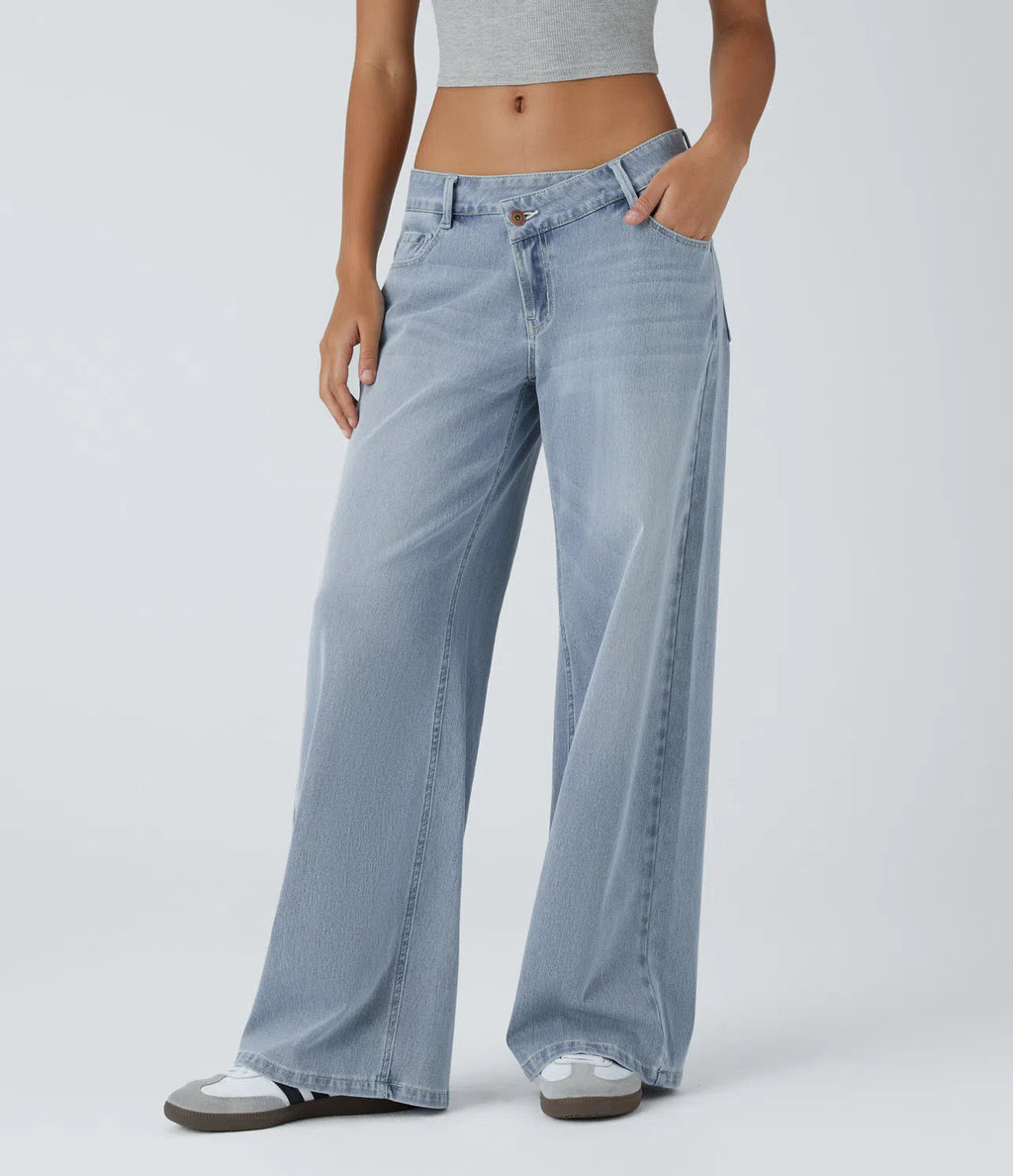 Asymmetric Low-Rise Baggy Wide-Leg Washed Jeans with Zipper Pockets
