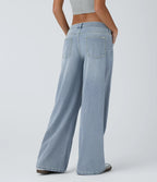 Asymmetric Low-Rise Baggy Wide-Leg Washed Jeans with Zipper Pockets