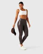 High Waisted Stretchy PU Tummy Control Yoga Leggings with Pocket